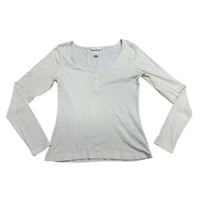 H&M Ribbed Long Sleeve Henley Top Women Large Cream Scoop Neck Basic